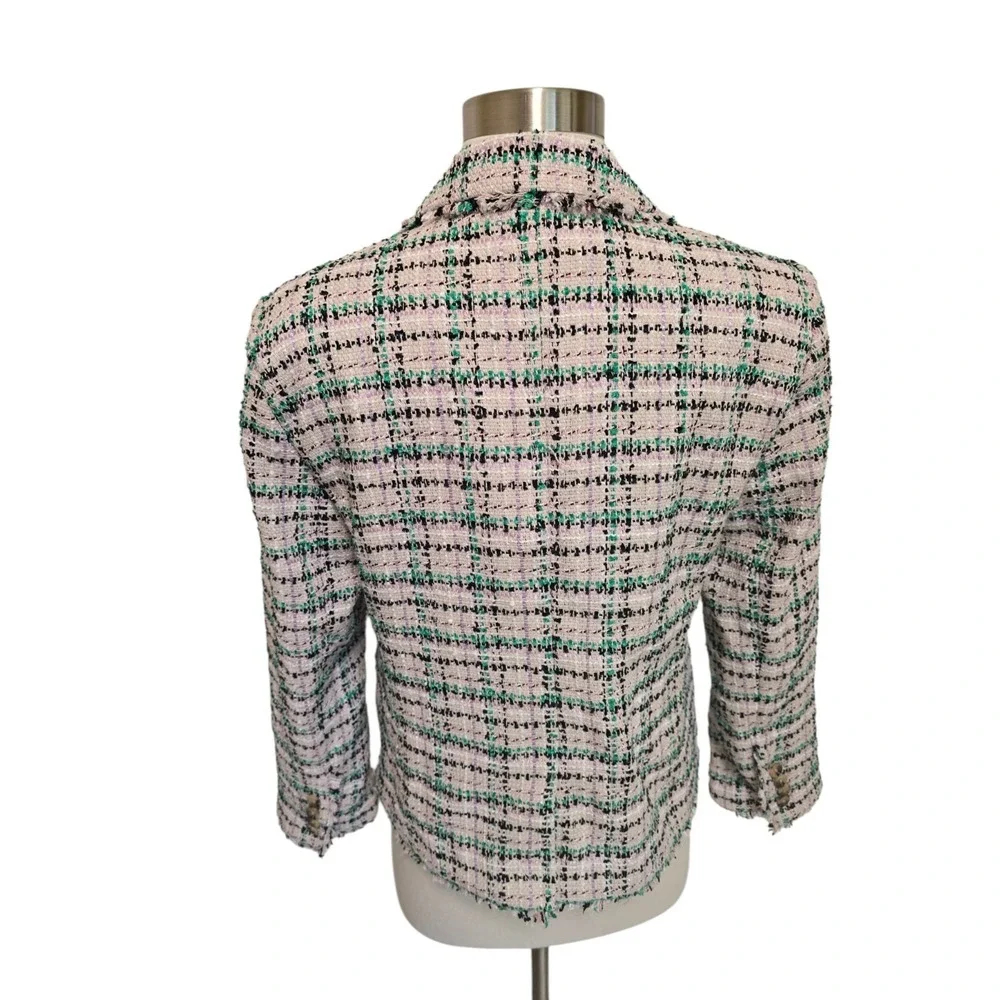 Ann Taylor Fringe Tweed Blazer Jacket Pink Green Plaid Womens Size  8 NWT